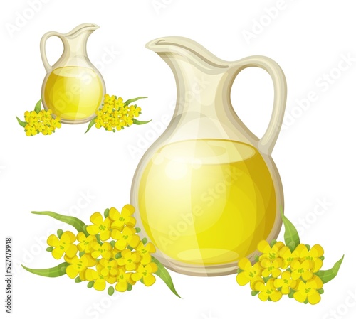 Colza oil vector icon isolated on white background. Bottle of clean rapeseed oil with bunch of flowers leaves cartoon illustration