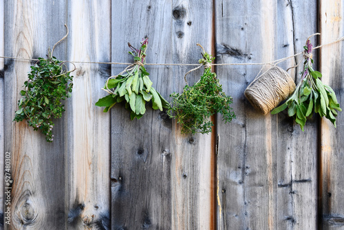 An image of several bunches of fresh picked herbs hanging on a rope to dry.