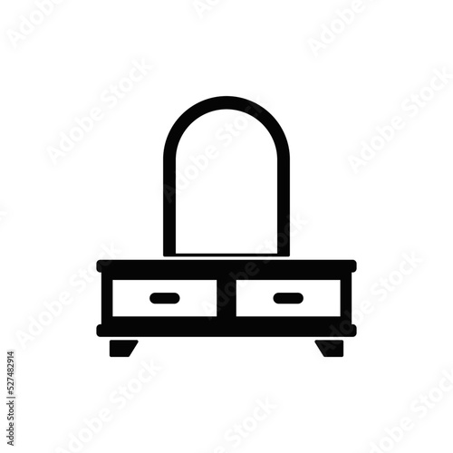 dressing table with vanity mirror icon in black flat glyph, filled style isolated on white background