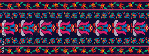 Ikat floral Hungarian polish Moravian folk ethnic seamless pattern design. Aztec fabric carpet boho mandalas textile motif decor wallpaper. Tribal flower native traditional embroidery vector 
