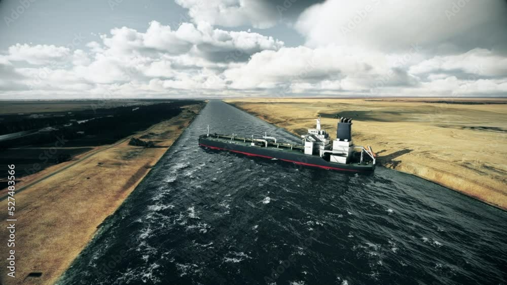 Oil tanker grounded in Suez Canal. Animation shows a big ship stuck sideways in a river. A blocked river due to stranded ship