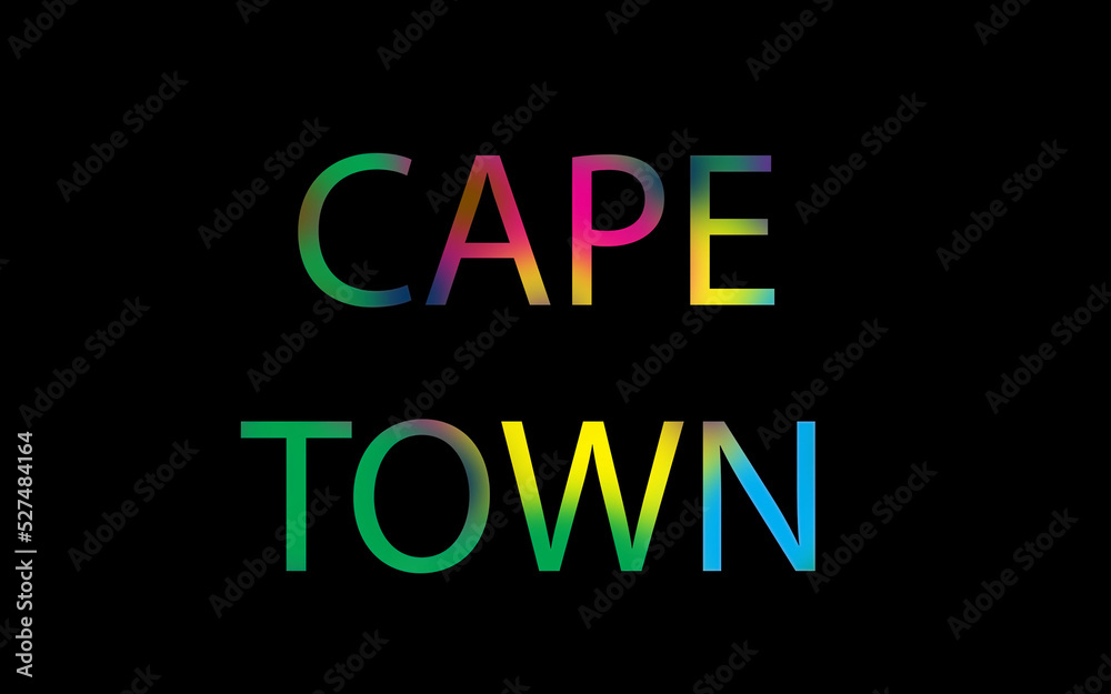 Rainbow filled text spelling out Cape Town with a black background 