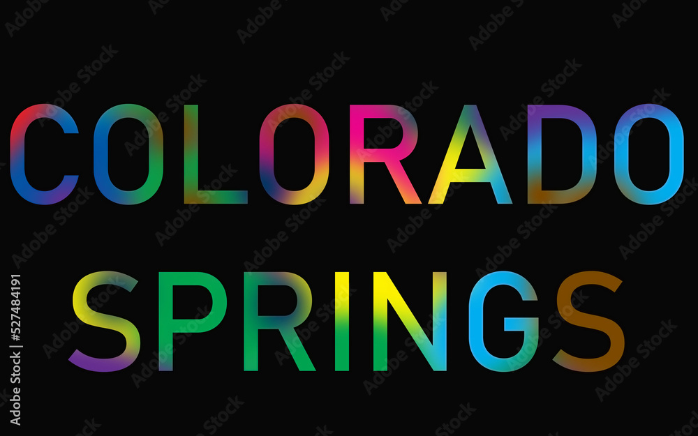 Rainbow filled text spelling out Colorado Springs with a black background 