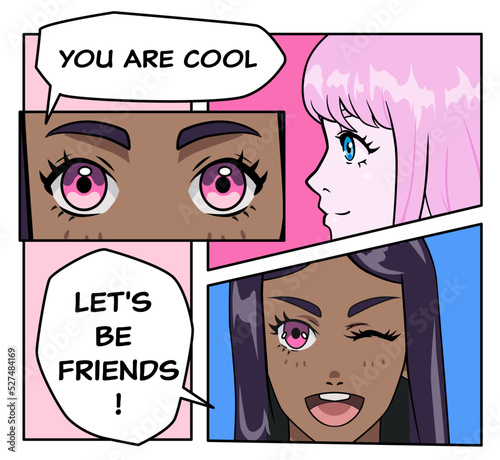 Manga comics frame with two anime girls talking to each other. Poster or print design with bright cartoon characters.