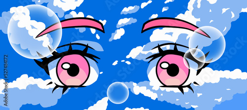 Anime cartoon eyes with long eyelashes on the sky background. Trendy manga print for t-shirt or poster.