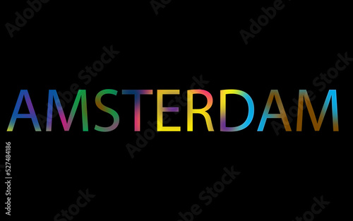 Rainbow filled text spelling out Amsterdam with a black background 