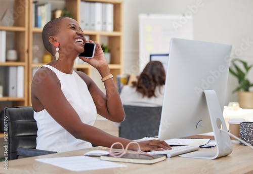 Comic, black business woman or phone call networking with customer on communication technology in office. Smile, happy or rapport building marketing designer with computer sharing brand strategy idea