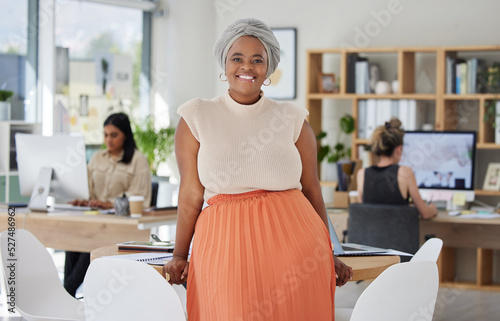 Office, portrait and black woman in corporate company and workplace building with smile. Proud, multicultural and inclusive management of business for professional development of staff diversity.