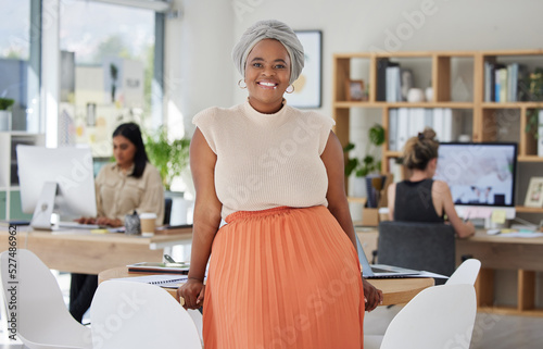 Office, portrait and black woman in corporate company and workplace building with smile. Proud, multicultural and inclusive management of business for professional development of staff diversity. photo