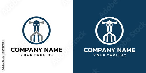 a lighthouse themed graphic image. blue and white background. vector graphics base.