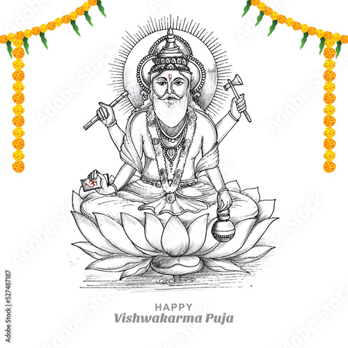 Hand draw hindu god vishwakarma sketch and vishwakarma puja holiday background photo