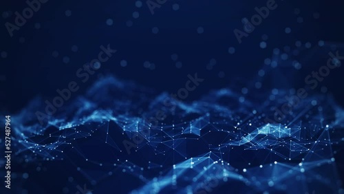 Abstract concepts of cybersecurity technology and digital data protection. Protect internet network connection with polygons, dots and lines with dark blue background, center focus, side blur.	