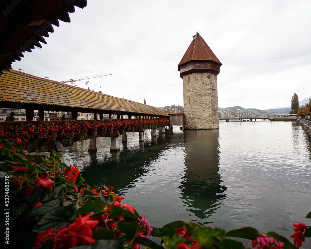 View of the old historic Chapel bridge in Luzern, Switzerland