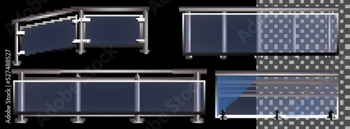 glass railing set or plexiglass fence sections 

set with handrails realistic. metal handrails 

section of glass fences.
