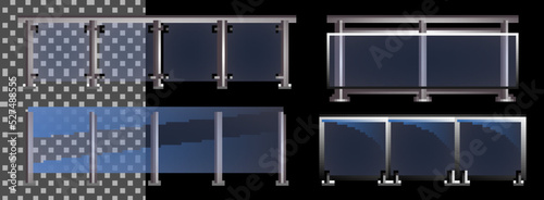 glass railing set or plexiglass fence sections 

set with handrails realistic. metal handrails 

section of glass fences.
