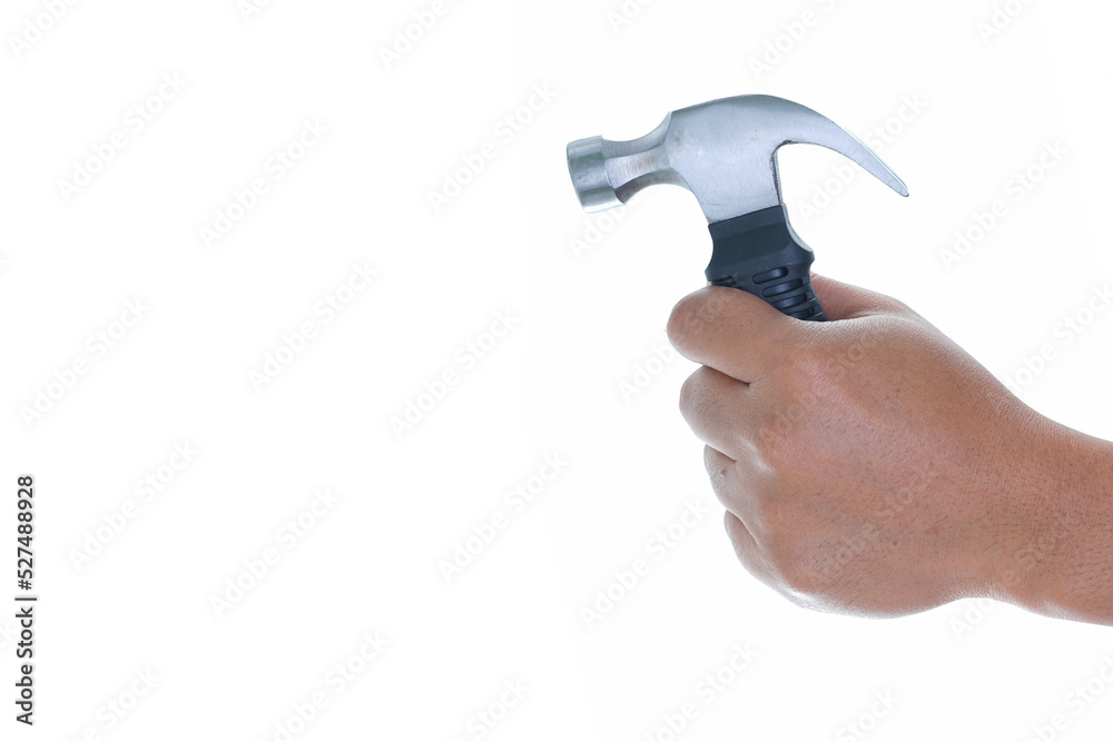 Hand holding yellow black short claw hammer isolated white background with copy space Hand holding yellow black short claw hammer isolated white background with copy space