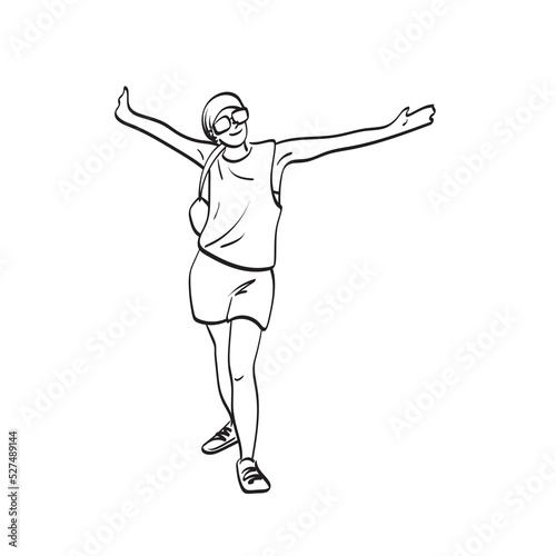 woman in casual wear presenting with spreading arms illustration vector hand drawn isolated on white background line art.