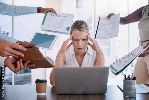 Work stress, headache and burnout mindset of a business woman working at a office computer. Corporate tax employee worried about mental health from job report, contract and compliance data overload photo
