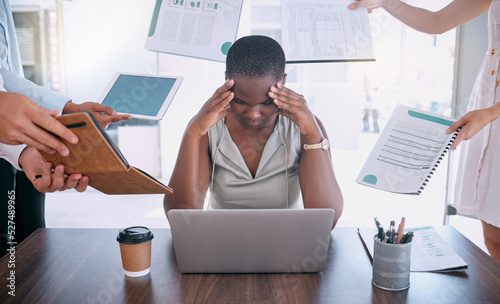 Burnout, stress and headache with business woman and work overload, too much and pressure in corporate company. Project management, mental health and frustrated with black woman employee in office