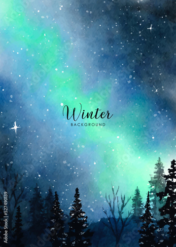 Watercolor background of pine forest and northern lights