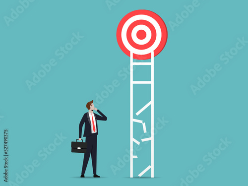 Businessman look at the ladder and think to achieve the target. Business obstacle and find best solution