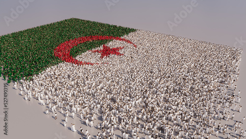 A Crowd of People congregating to form the Flag of Algeria. Algerian Banner on White.
