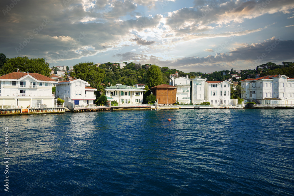 Views of various houses, (home)  mansions and nostalgic buildings from the sea on the Bosphorus, on the Asia side of Istanbul. residence by the sea.