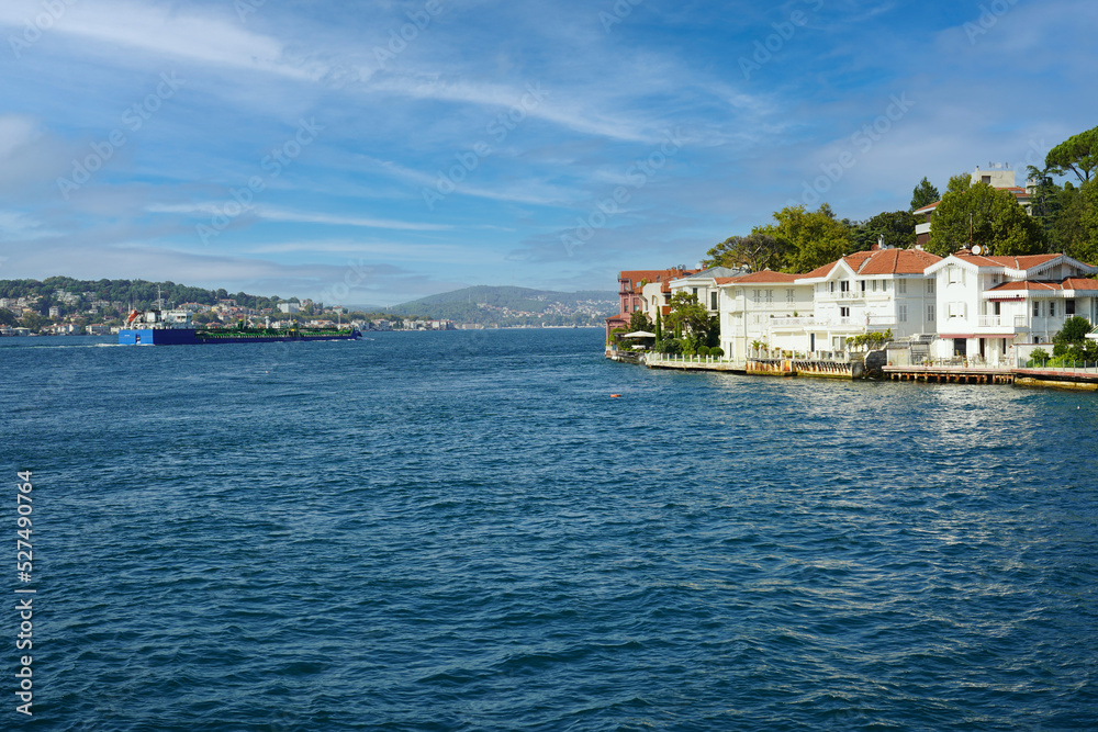 Views of various houses, (home)  mansions and nostalgic buildings from the sea on the Bosphorus, on the Asia side of Istanbul. residence by the sea.