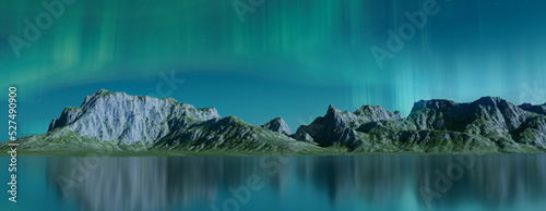Rugged Landscape with Aurora Lights. Blue Sky Banner with copy-space.