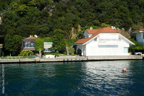 Views of various houses, (home)  mansions and nostalgic buildings from the sea on the Bosphorus, on the Asia side of Istanbul. residence by the sea.