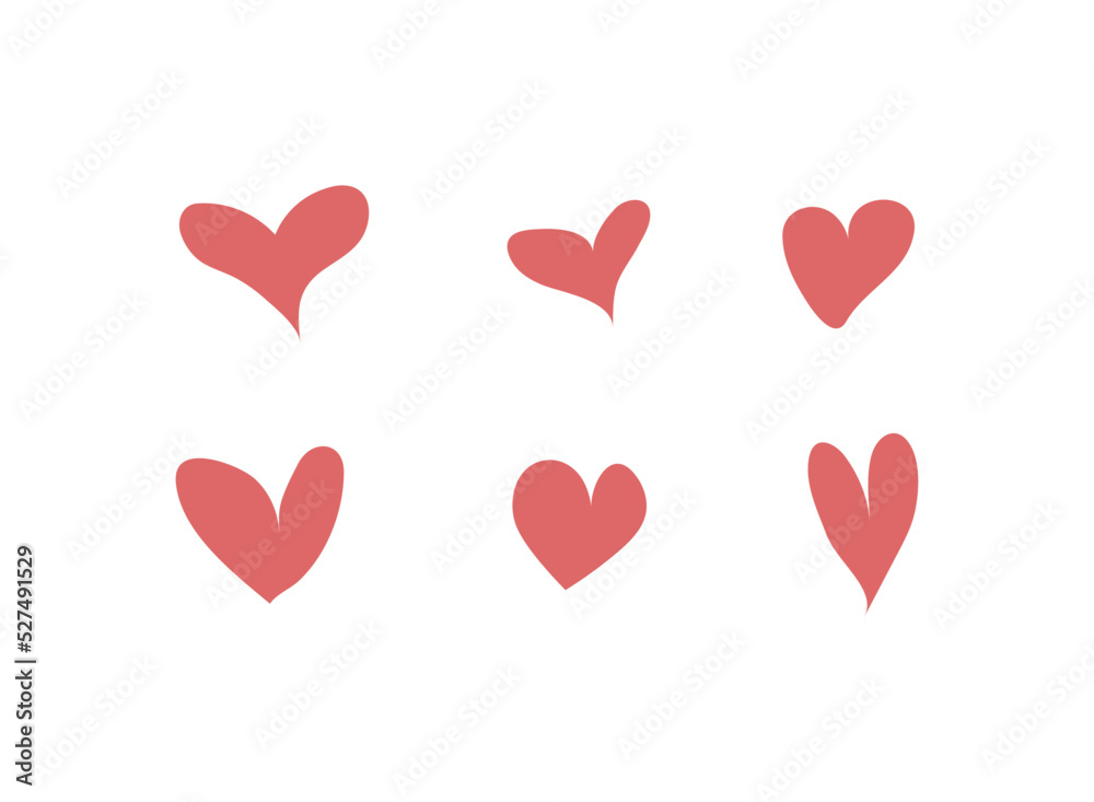Set of simple icons of red hearts of different shapes hand-drawn for Valentine's Day, holiday, wedding.