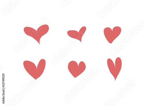 Set of simple icons of red hearts of different shapes hand-drawn for Valentine's Day, holiday, wedding.