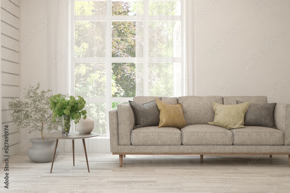 White living room with sofa and summer landscape in window. Scandinavian interior design. 3D illustration White living room with sofa and summer landscape in window. Scandinavian interior design. 3D illustration