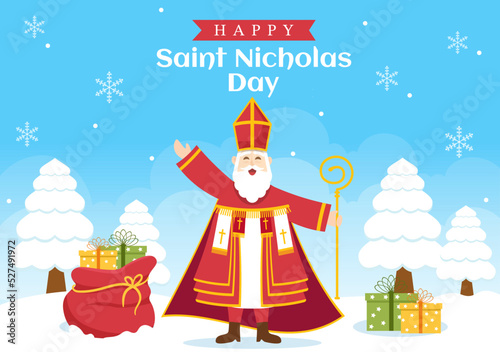 Saint Nicholas Day or Sinterklaas Celebration Template Hand Drawn Cartoon Flat Illustration with Gift Box and Winter Background Design