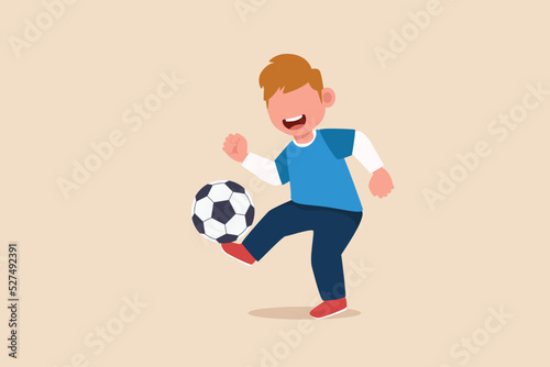 Happy little boy juggles soccer ball. Playing activity concept. Flat vector illustrations isolated.