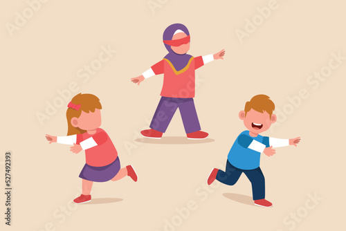Happy kids playing tag blindfolded. Playing activity concept. Flat vector illustrations isolated.