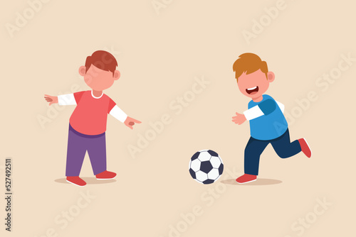 Happy little boy with his friend playing football. Playing activity concept. Flat vector illustrations isolated.