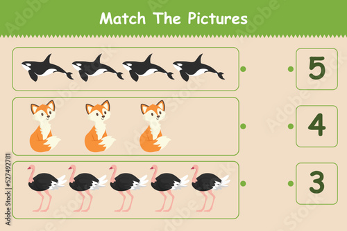 Education game for kids count and match count the number of cute cartoon animal. Kids puzzle concept. Flat vector illustration isolated.