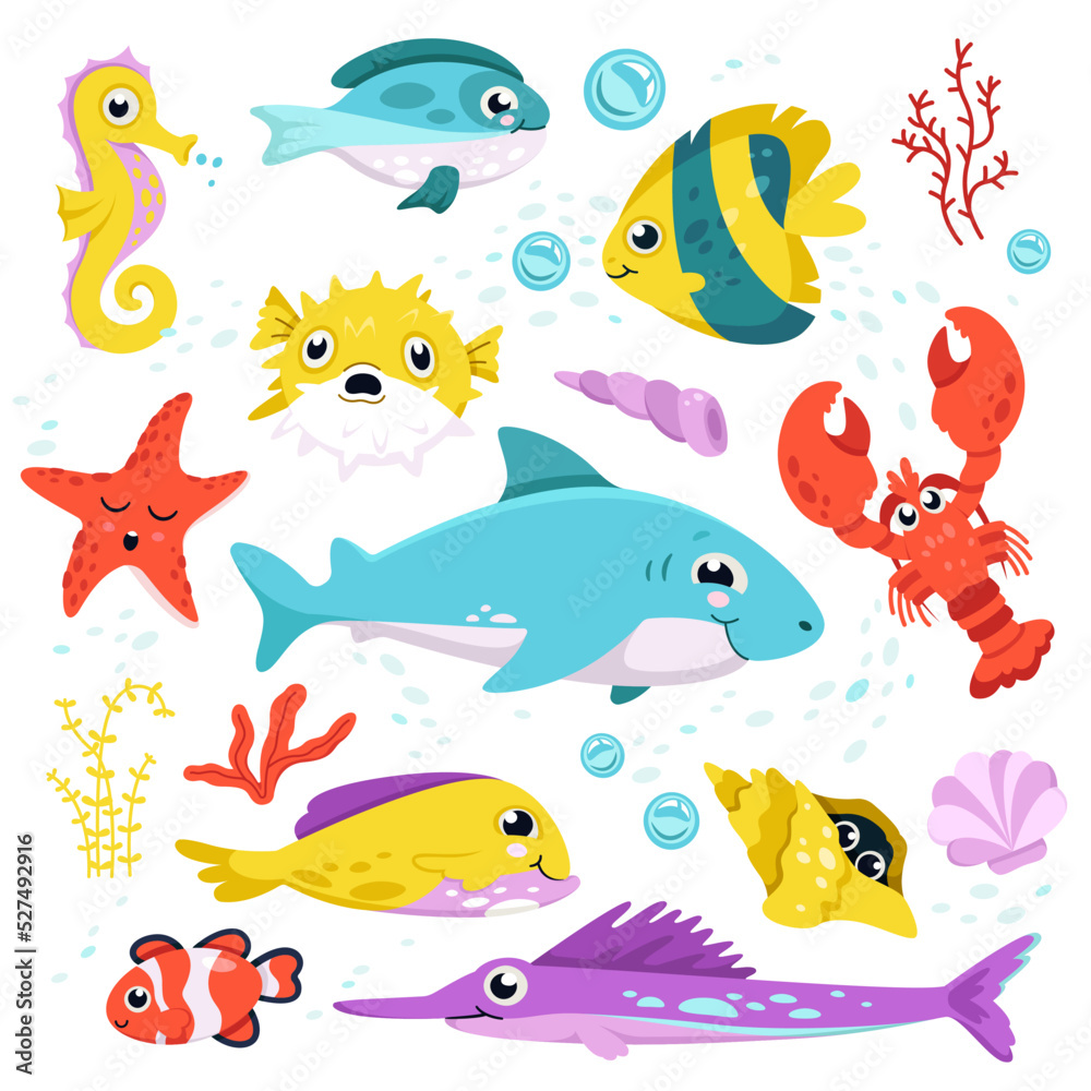 Cartoon isolated funny aquatic characters, happy whale and octopus,  swimming seahorse and tortoise, clownfish smiling. Cute fishes and  underwater animals Stock Vector | Adobe Stock