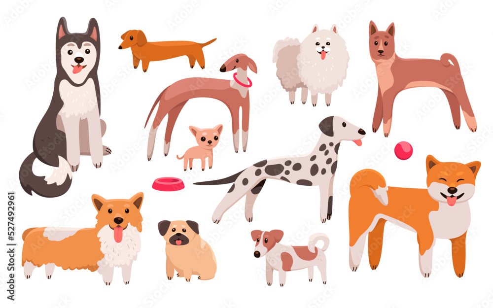 Purebred dogs set vector illustration. Cartoon isolated canine collection of cute happy dogs of different breeds, group of young adorable pet friends and funny small and big animal characters