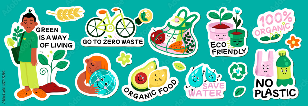 Cartoon environmental protection badges with save planet ecology, reuse plastic and recycle slogans isolated on pink background. Eco friendly, zero waste lifestyle stickers