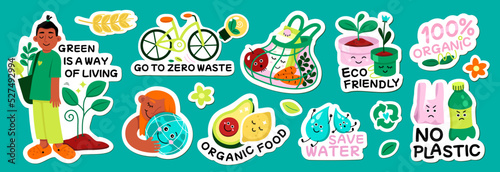 Cartoon environmental protection badges with save planet ecology, reuse plastic and recycle slogans isolated on pink background. Eco friendly, zero waste lifestyle stickers