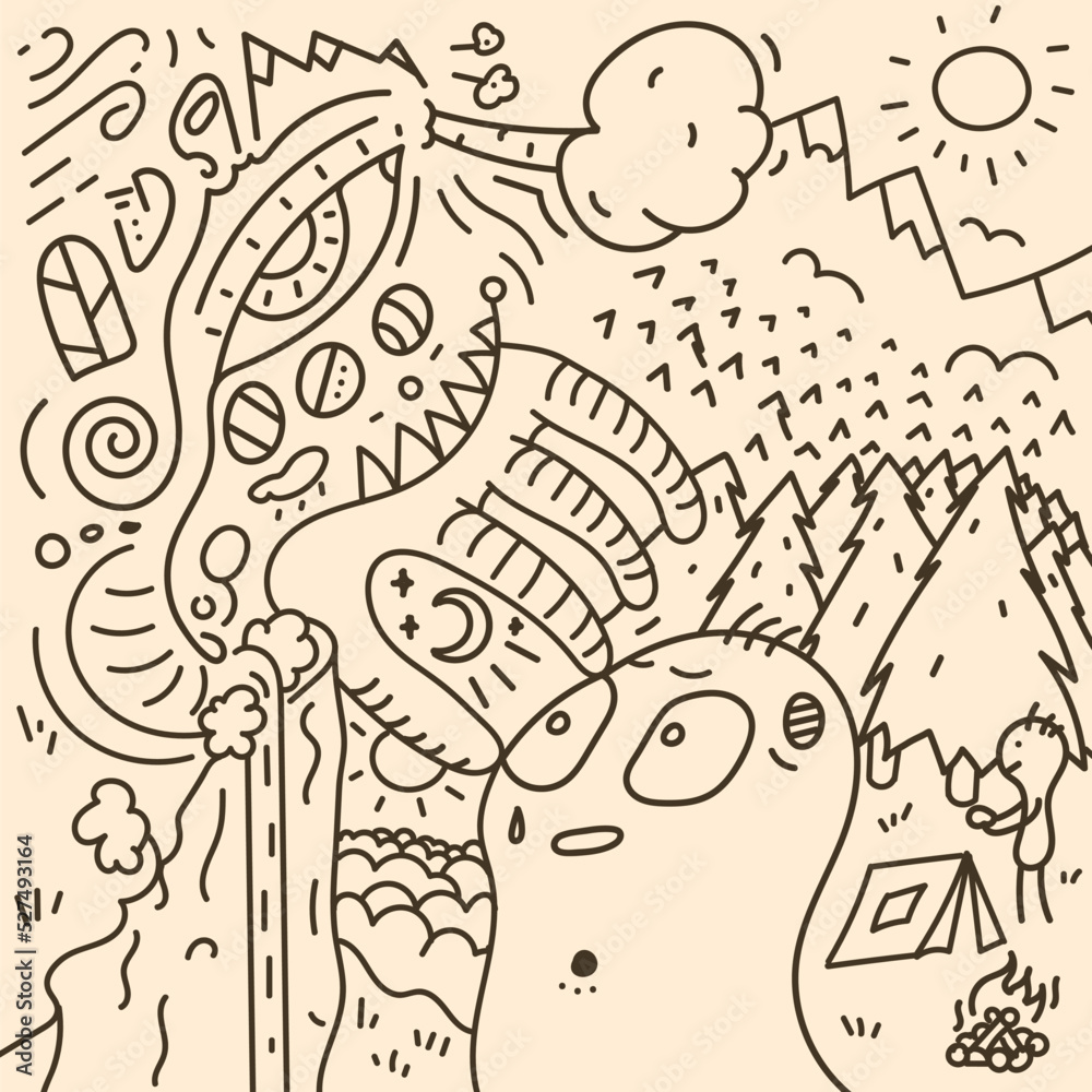 Psychedelic doodle hand-drawn in vector. Line art.