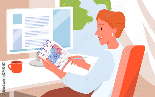 Business planning vector illustration. Cartoon female employee holding schedule calendar to plan events and tasks, woman thinking on planner, sitting at computer background. Productivity concept
