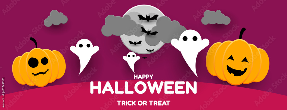 Happy halloween background with ghost , pumpkin, moon, cloud and bat for banner, poster, greeting card, party invitation or social media