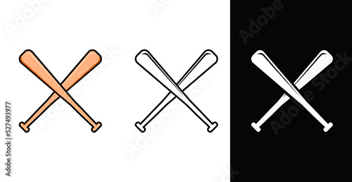 Cross Baseball Bat Vector Set, Outline, Fill, And Colored