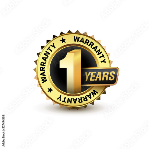 3D style golden color 1-year warranty badge icon isolated on white background. Vector illustration. 
