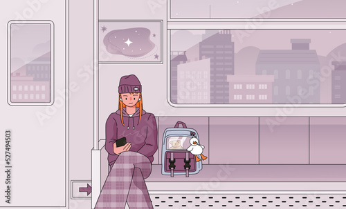 A girl is sitting on a subway seat and looking at her phone. She has a bag lying next to her. The city is visible in the background. flat design style vector illustration.