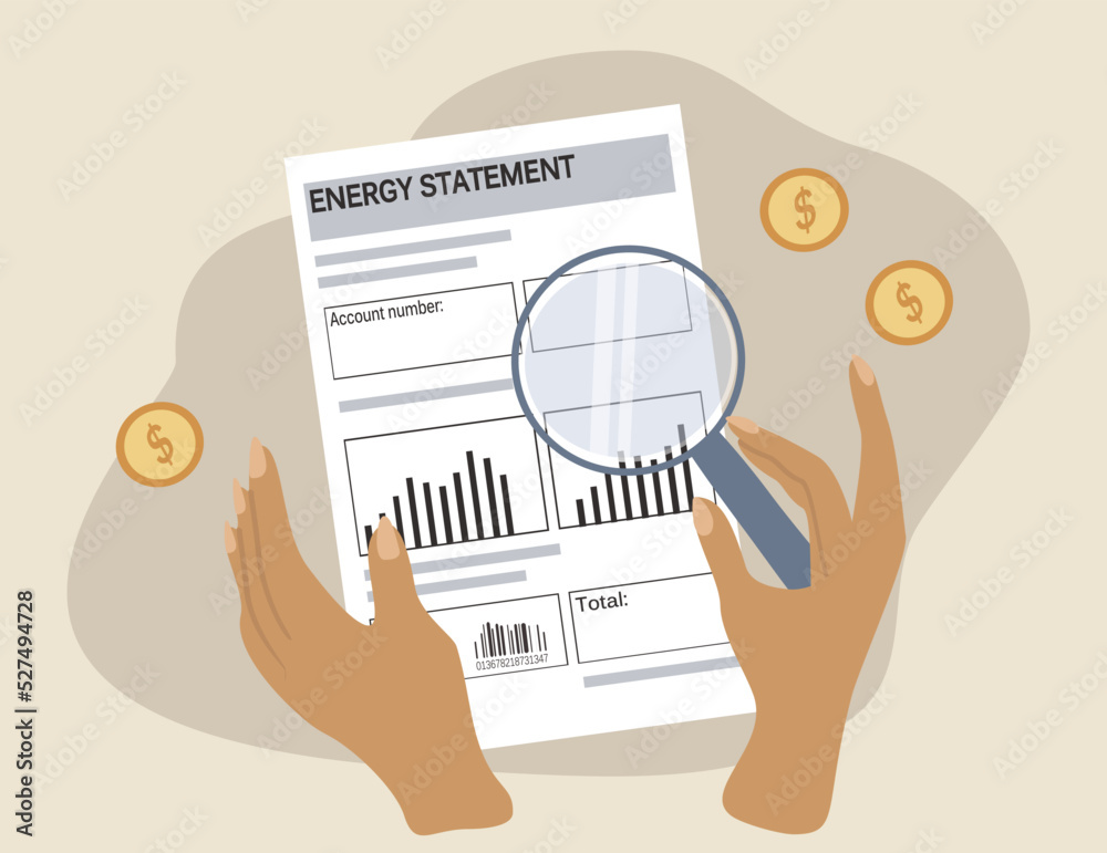 vector illustration in a flat style on the topics of high electricity bills. someone is looking at the bill through a magnifying glass vector illustration in a flat style on the topics of high electricity bills. someone is looking at the bill through a magnifying glass