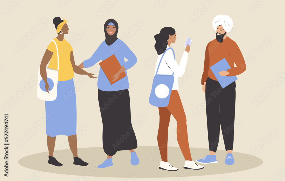 Obraz premium vector illustration in flat style. young students communicate and discuss their studies